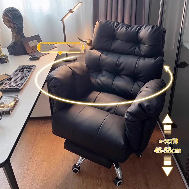 Ergonomischer Relax-Bürostuhl aus Echtleder mit Fußstütze – Verstellbarer Lazy Office Chair mit Liegefunktion, Rollen & Drehmechanik für Homeoffice & Schlafzimmer