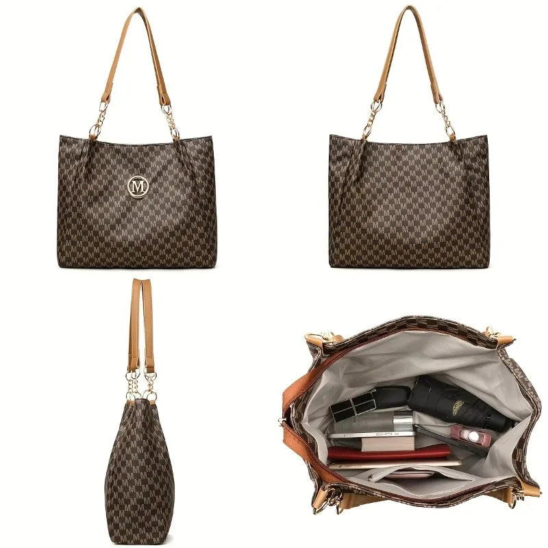 Vintage Geometrische Damen Tote Bag aus Kunstleder – Schultertasche mit Letter „M“ Design, große Shopping- & Reisetasche