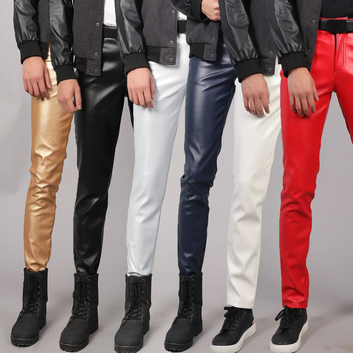 Herren Moto Skinny PU Lederhose – Elastische Kunstlederhose in Schwarz, Gold & Weiß, dünne Biker-Hose für Party & Streetwear (Gr. 28–40)