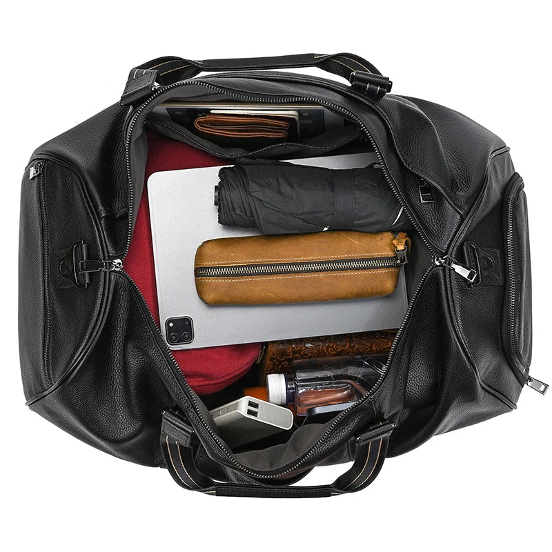 Luufan Leder Reisetasche für Herren – Grand sac de sport noir au véritable sac à dos comme bagage à main, sac d'affaires, sac de voyage et sac de sport 