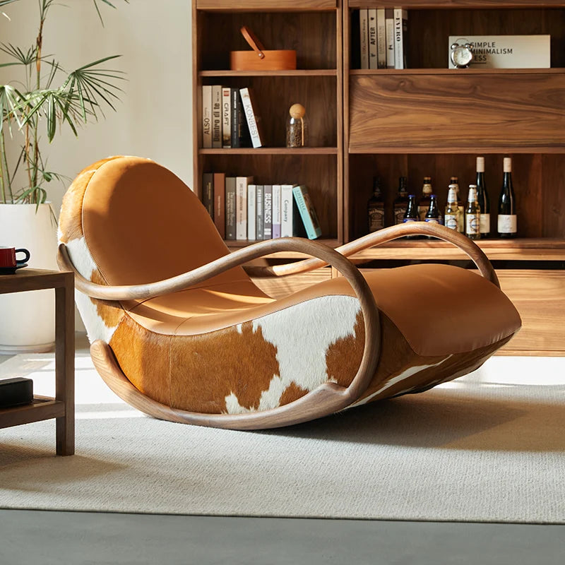 Minimalistischer Schaukelstuhl aus schwarzem Walnussholz mit Echtleder – Moderner Luxus-Relaxsessel für Wohnzimmer, Balkon & Schlafzimmer