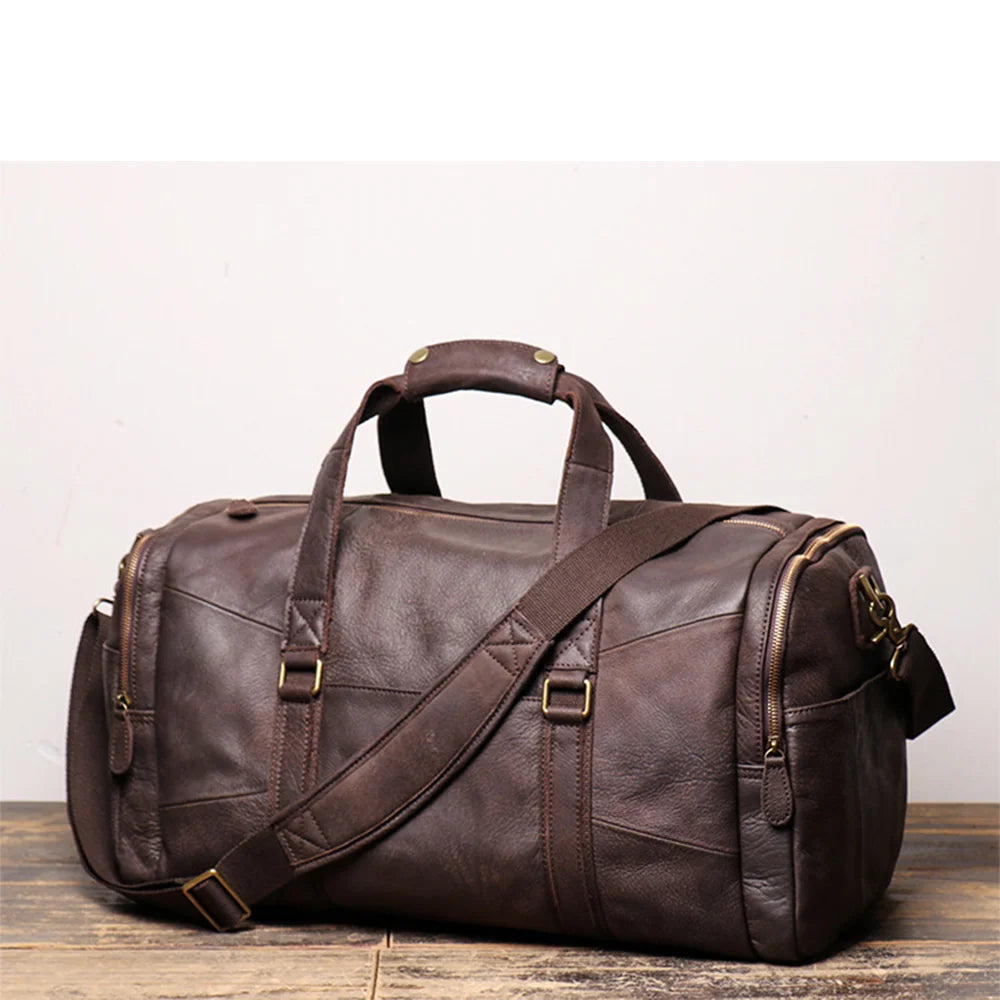 LUOKIR Retro Leder Reisetasche aus echtem Rindsleder – Große Cowhide Duffle Bag als Handtasche & Crossbody, Unisex Reise- und Weekender Tasche