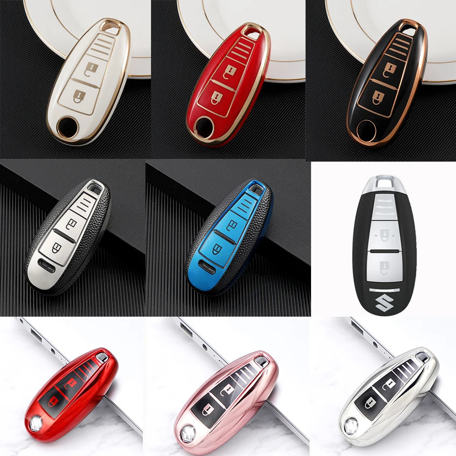 TPU Leder Autoschlüssel Hülle für Suzuki – Smart Key Cover mit Schlüsselanhänger für Baleno, Swift, Vitara, SX4 S-Cross, Ertiga & mehr