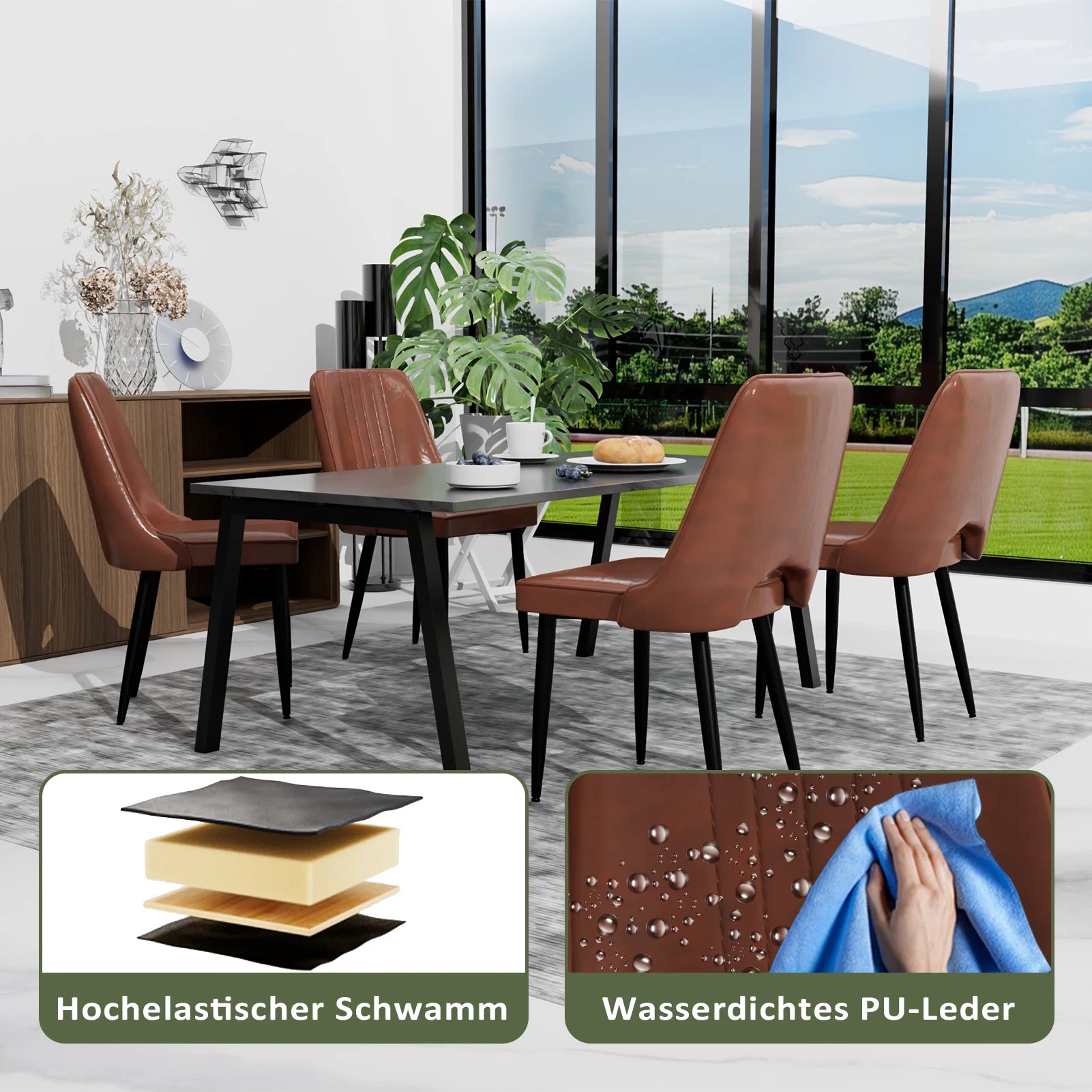 Set aus 2 modernen Esszimmerstühlen aus Kunstleder – Gepolsterte Dining Chairs mit hoher Rückenlehne & Metallbeinen für Küche & Esszimmer