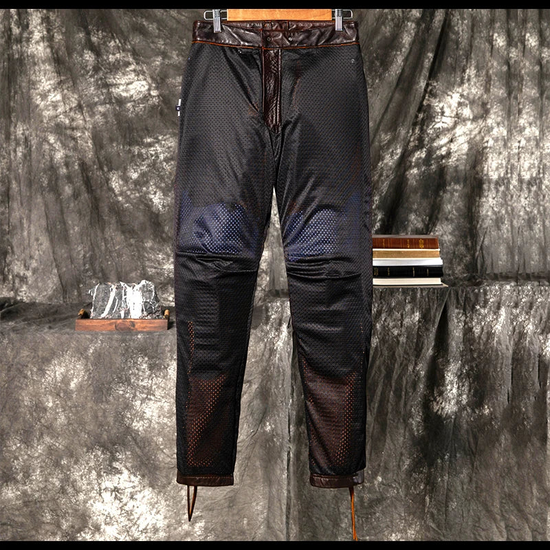 Herren Echtlederhose in Rotbraun – Vintage Motorrad-Lederhose aus natürlichem Rindsleder, Warme Winterhose im Retro-Stil bis 5XL
