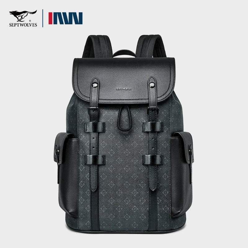 SEPTWOLVES Business Leder Rucksack Herren – Designer Laptop Rucksack mit Monogramm, Kordelzug & Klappenverschluss