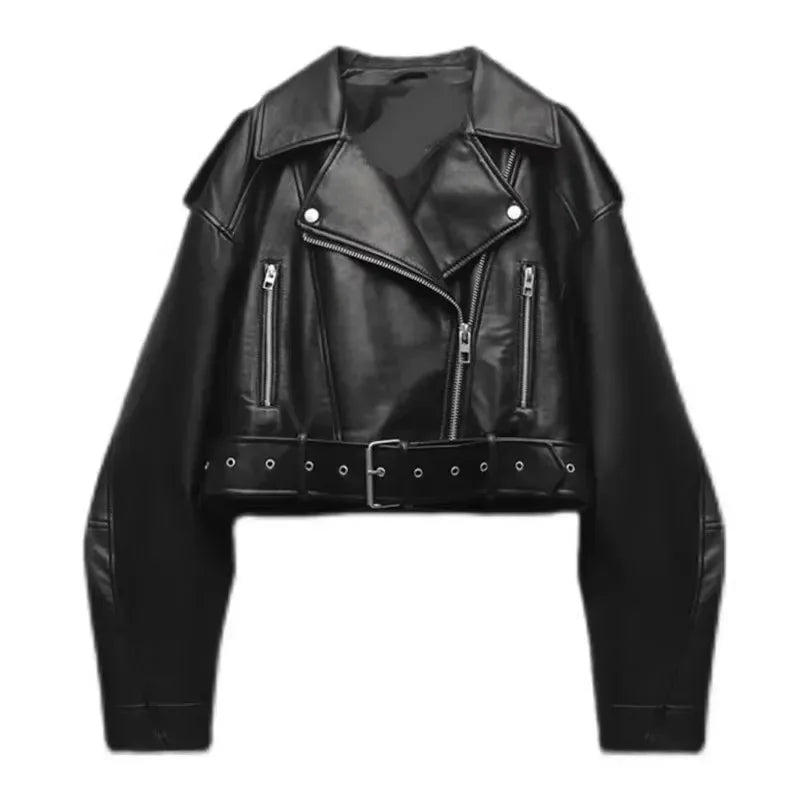 Damen Oversized Vintage PU Lederjacke – Kurze Biker Kunstlederjacke mit Gürtel & Reißverschluss, lässige Streetwear Moto Jacke