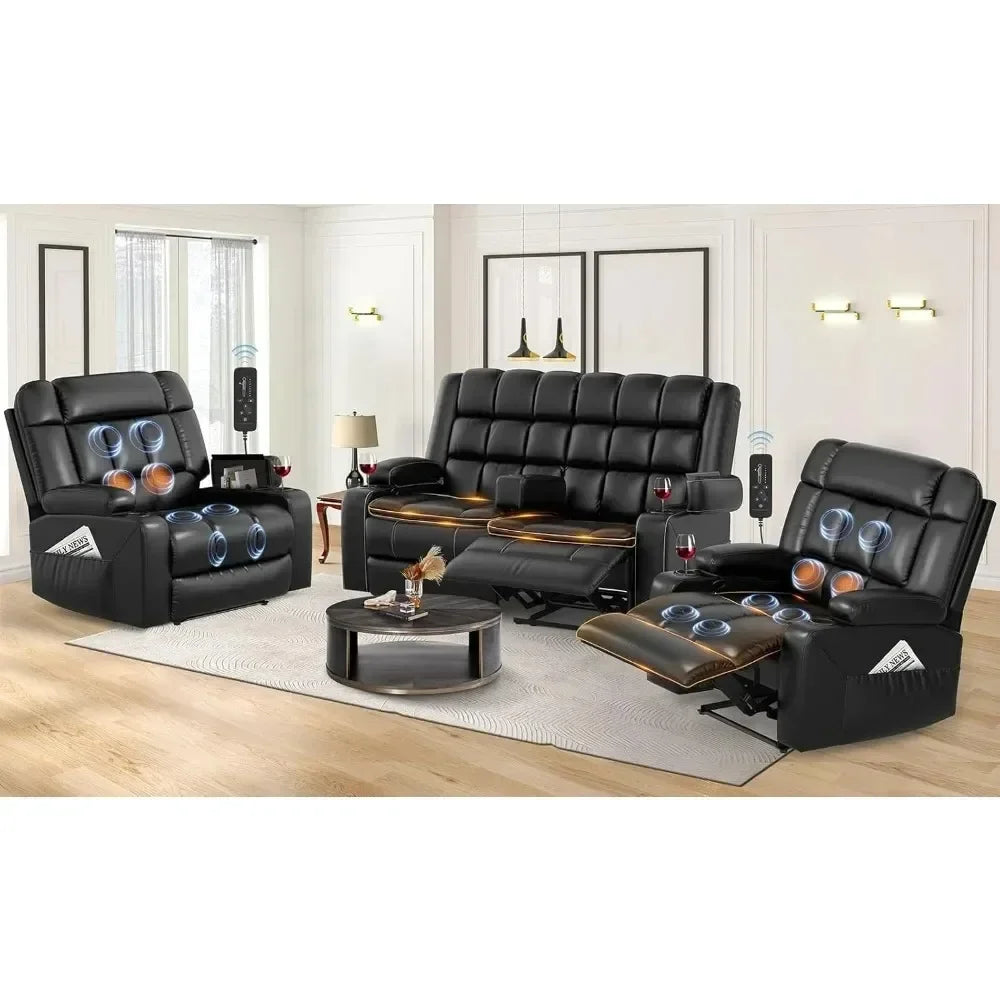 Nordisches Relaxsofa mit elektrischer Liegefunktion – Atmungsaktives Kunstleder Sofa-Set mit Wärme- & Massagefunktion, Stauraum & Konsole