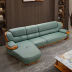 Modernes Luxus Ecksofa aus Echtleder in Schwarz-Gold – Nouveau style chinois Wohnlandschaft mit Massivholzrahmen, Rindsleder Top-Grain