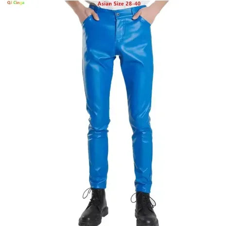 Herren Stretch PU Lederhose im Biker-Stil – Modische Pencil Pants in Gold, Rot, Blau, Schwarz, Weiß & Silber (Gr. 28–40)
