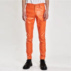 Herren Moto Skinny PU Lederhose – Elastische Kunstlederhose in Schwarz, Gold & Weiß, dünne Biker-Hose für Party & Streetwear (Gr. 28–40)