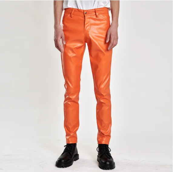 Herren Moto Skinny PU Lederhose – Elastische Kunstlederhose in Schwarz, Gold & Weiß, dünne Biker-Hose für Party & Streetwear (Gr. 28–40)