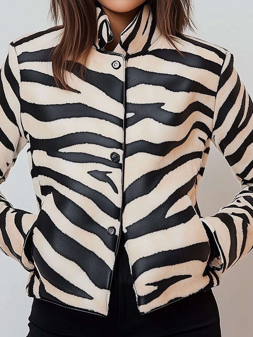 Damen PU Lederjacke mit Zebra-Streifen – Elegante chaqueta retro con Stehkragen, Knöpfen y Taschen para frutas y hierbas 