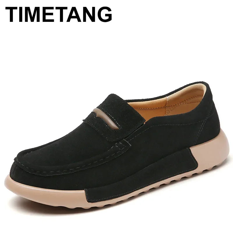 TIMETANG Damen Loafers Flats – Handgefertigte Mokassins aus echtem Leder, Slip-On, runde Zehen, Plattform Schuhe für Frühling & Herbst