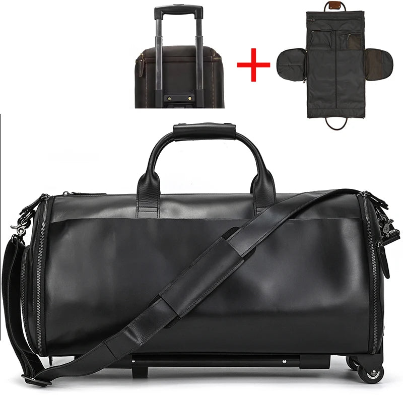 Luufan Business Leder Trolley Reisetasche mit Rollen - Haute qualité Crazy Horse Echtleder Reisetasche für Herren mit Schuhfach &amp; Kleidersack 