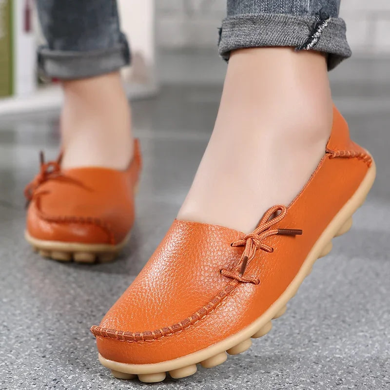 YBQJOO Damen Flats – Slip-On Mokassins aus echtem Leder, runde Zehen, bequeme Loafers für Alltag, Pflege & Plus Size 33-50