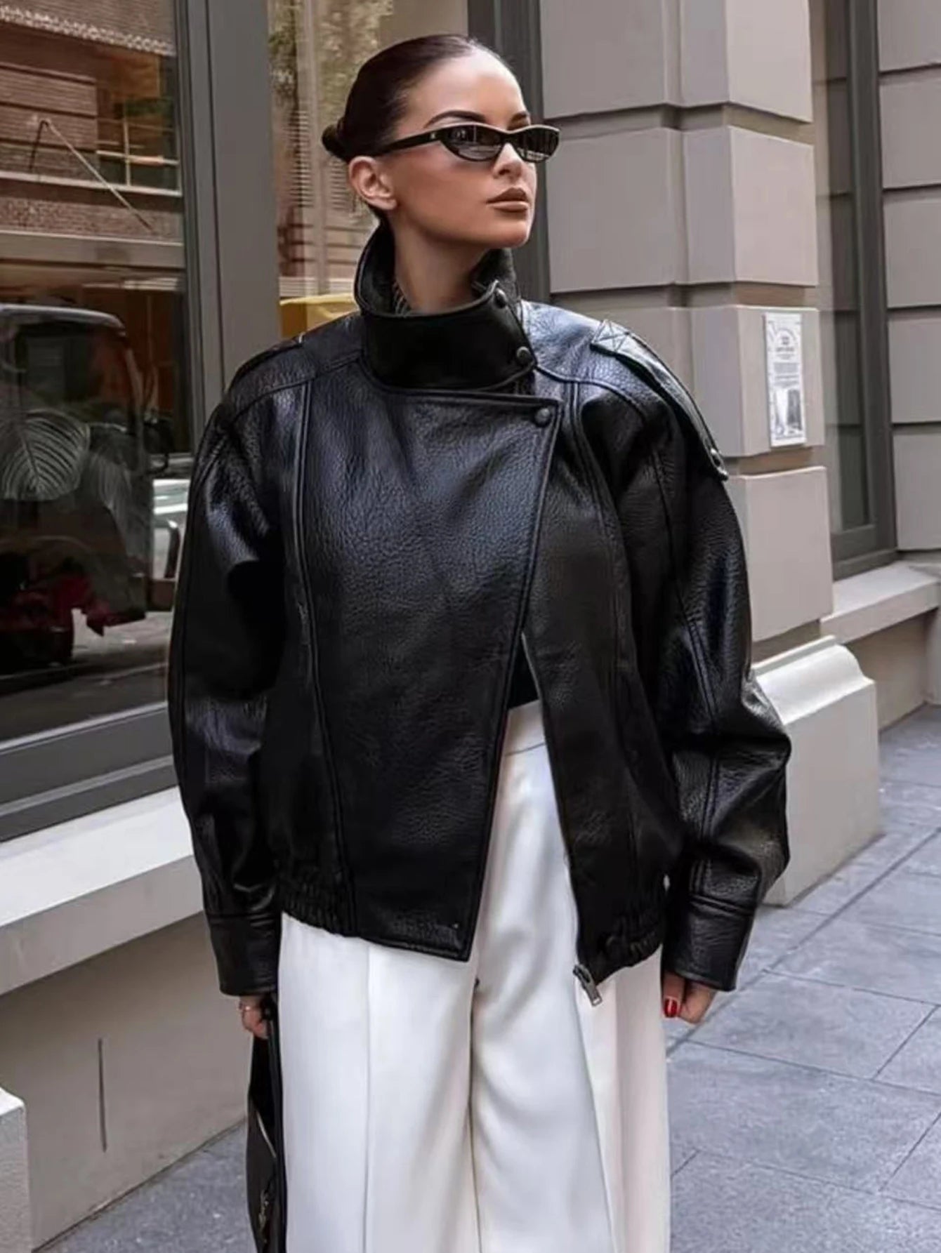 TFMLN Damen PU Lederjacke 2025 – Locker geschnittene Kunstlederjacke mit Stehkragen & Reißverschluss, modischer High-Street Mantel für Herbst & Winter