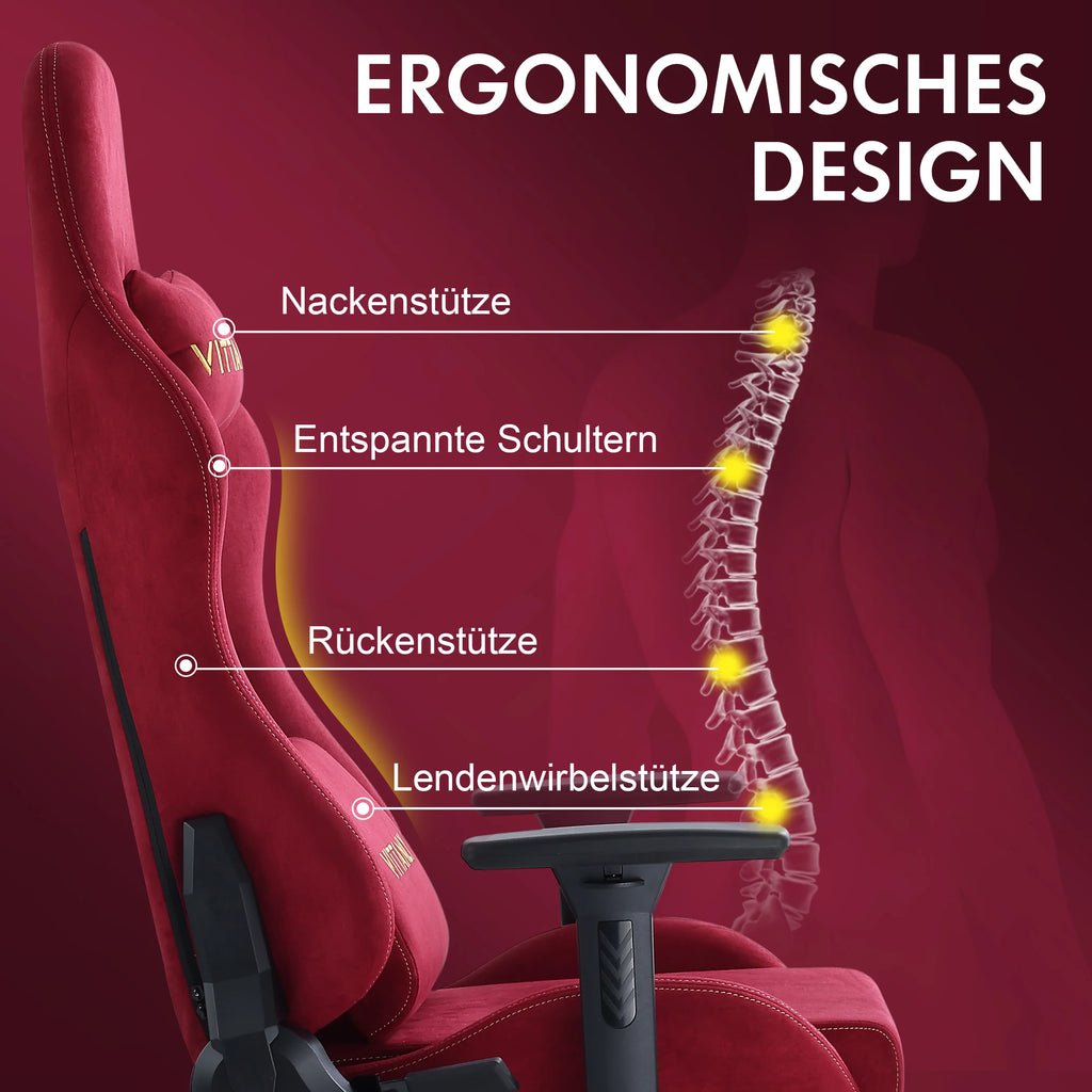 Ergonomischer Gaming Stuhl Rot – Höhenverstellbarer Racing Bürostuhl aus Wildleder mit Drehfunktion, Armlehnen &amp; Rollen 