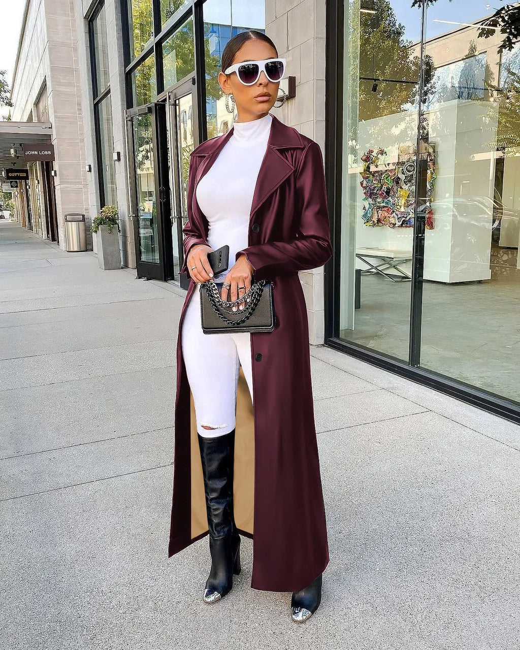 Damen Langer Kunstleder Mantel 2025 – PU Faux Leather Coat mit Reverskragen, Single-Breasted Verschluss & Splice-Design, Y2K Streetwear Jacke