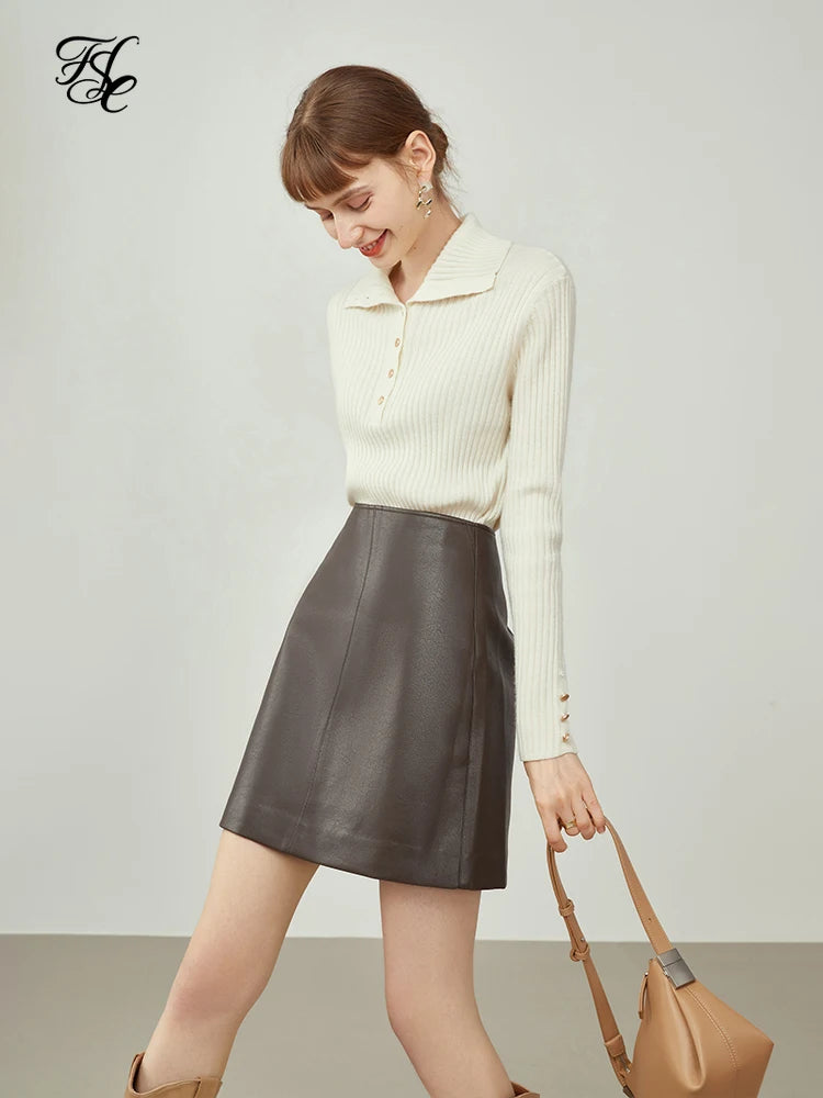 FSLE Damen Lederrock in Braun – Eleganter High-Waist Minirock im A-Line Schnitt, Office-Style Winterrock für stilvolle Business-Looks