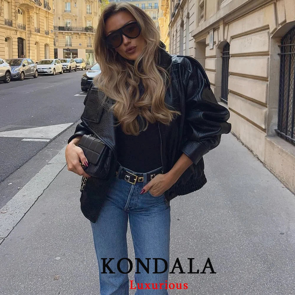 KONDALA Damen Schwarze PU Lederjacke Large – Casual Chic Streetwear Jacke mit Knöpfen &amp; Taschen für Herbst 2026 