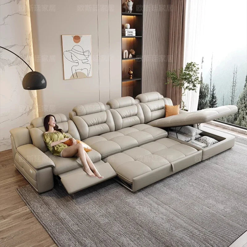 Italienisches Luxus Leder-Ecksofa mit Relaxfunktion – L-Form Wohnlandschaft aus Rindsleder, mit Schlaffunktion und Stauraum