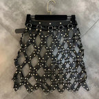 Damen PU Leder Minirock Schwarz – A-Linien High Waist Rock mit Diamant-Gitter &amp; Cut-Outs, moderner Club- &amp; Fashion-Minirock 