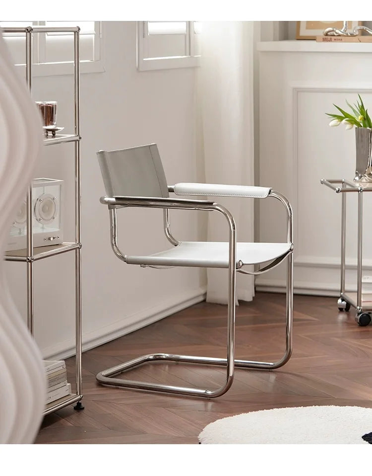 S34 Bauhaus Freischwinger Lounge Chair – PU-Sattelleder & Edelstahlrahmen, Cantilever Armchair für Wohnzimmer