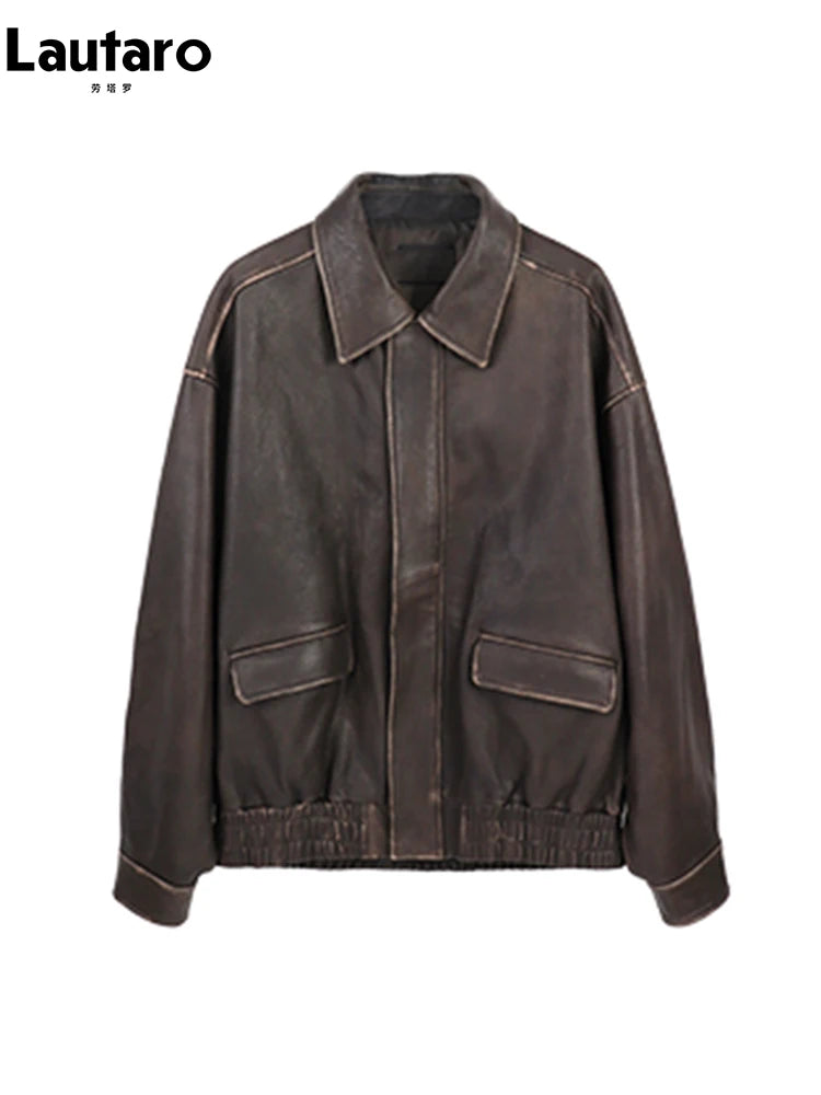 Lautaro Damen Oversized PU Lederjacke – Retro Vintage Kunstlederjacke im Used Look, lässige Zipper-Jacke für Frühling & Herbst