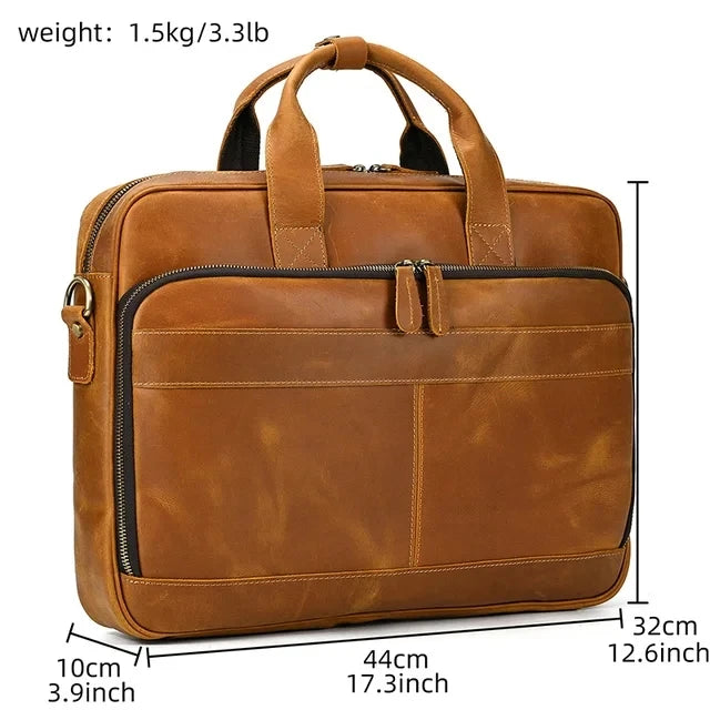 Luufan Herren Leder-Aktentasche - Maletín de cuero Vintage Crazy Horse para portátil de 15,6", bolso bandolera grande para negocios