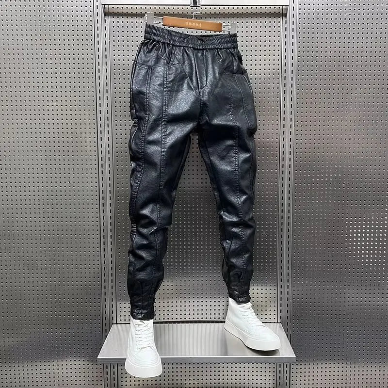 Pantalons d'art hip-hop pour hommes dans le style Harajuku - Pantalons de style streetwear en cuir avec cordon élastique, pantalons sarouel décontractés noirs