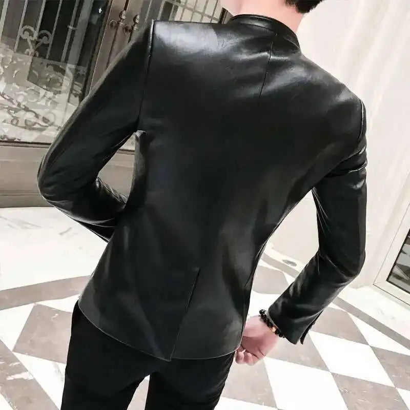 Schwarzer Herren PU Lederblazer Slim Fit – Un bouton unique dans le style coréen pour les affaires décontractées et adaptées aux besoins du client