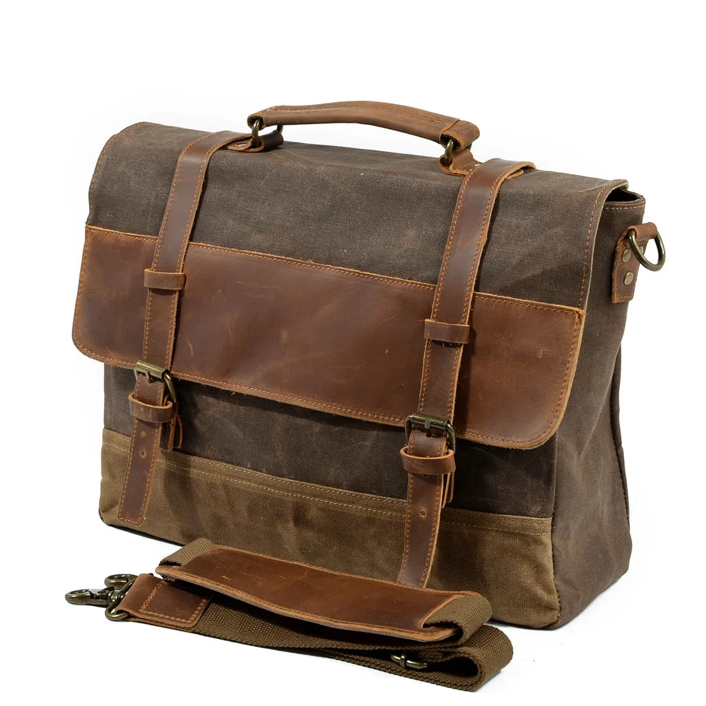 MUCHUAN Herren Vintage Waxed Canvas Messenger Bag – Wasserdichte Schultertasche mit Lederakzenten für Büro & Alltag