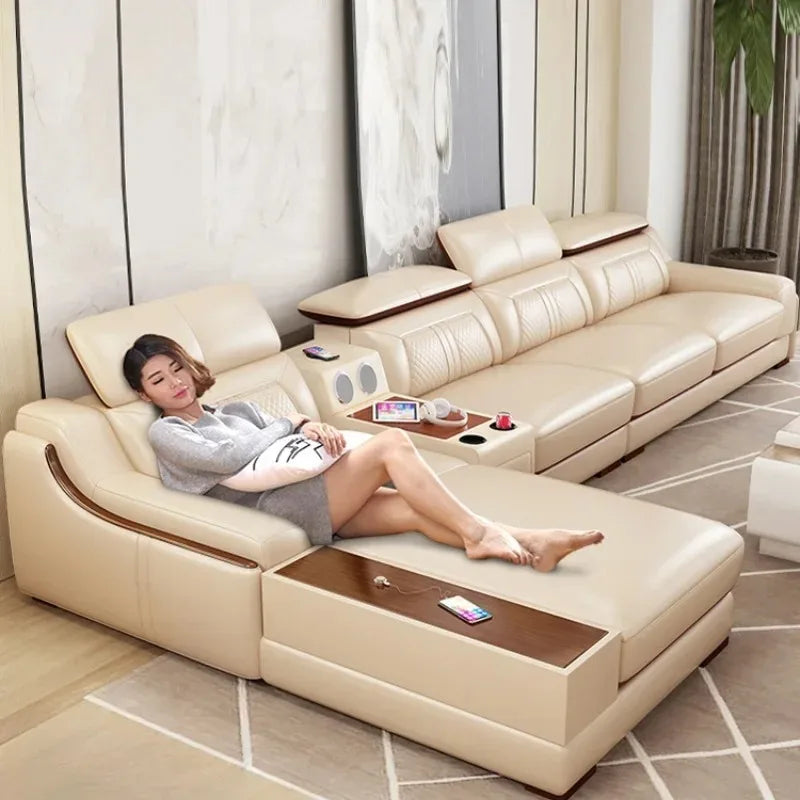 Nordisches Designer Leder Ecksofa – Modernes L-Form Sofa aus echtem Leder mit Relaxfunktion & Stauraum für das Wohnzimmer