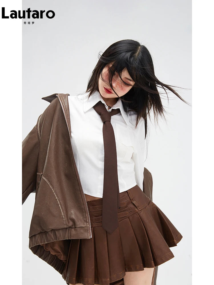 Chaqueta Lautaro de piel sintética suave, negra, desgastada, estilo retro, de gran tamaño, para mujer, con cremallera, estilo Maillard, para primavera y otoño