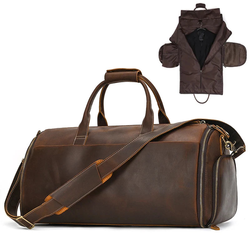 Luufan Herren Reisetasche aus Crazy Horse Leder – Faltbare Anzugtasche mit Schuhfach & Cowhide Duffel Bag