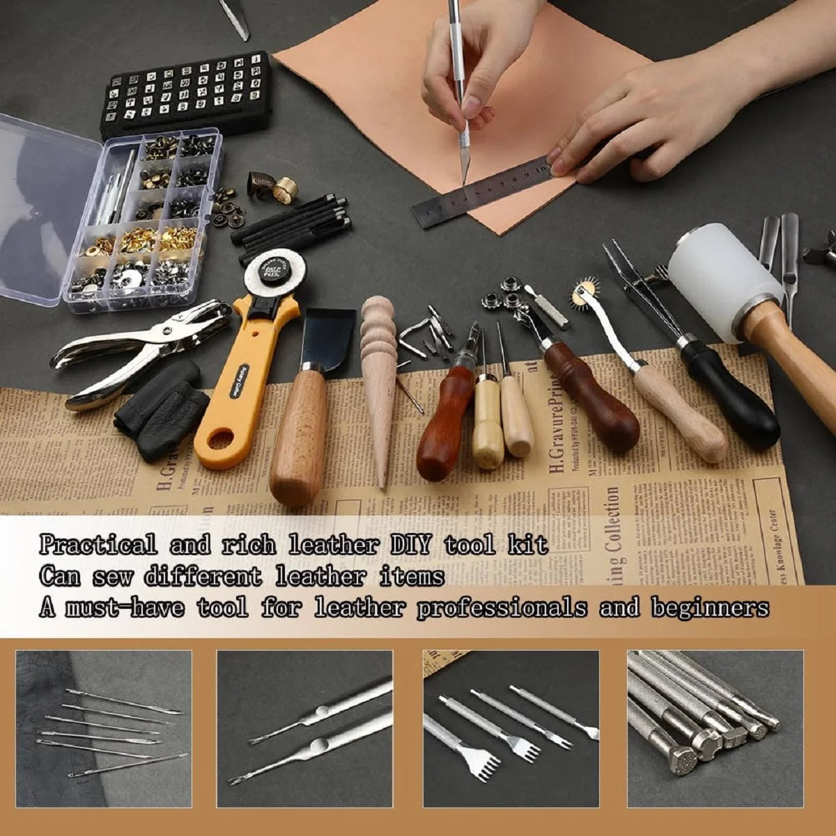 48-teiliges Leder Nähset Heavy Duty – Profi Lederwerkzeug & Polsternäh-Set für Autositze, Teppiche & Reparaturen