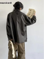 Mauroicardi Herren Oversized PU Lederjacke – Vintage Distressed Designerjacke mit Stehkragen im chinesischen Stil für Frühling & Herbst