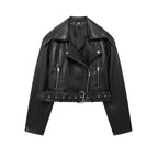 Damen Faux Leather Bikerjacke – Chic Moto Lederoptik Jacke mit Reißverschluss & Gürtel, Langarm Übergangsjacke für Herbst & Winter