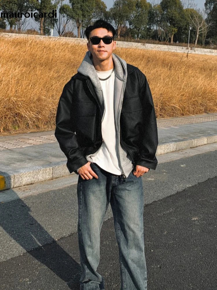 Herren Oversized Kurzjacke aus mattem PU-Leder – Schwarze High-Street Designer Lederjacke mit Reißverschluss & Taschen für Frühling & Herbst