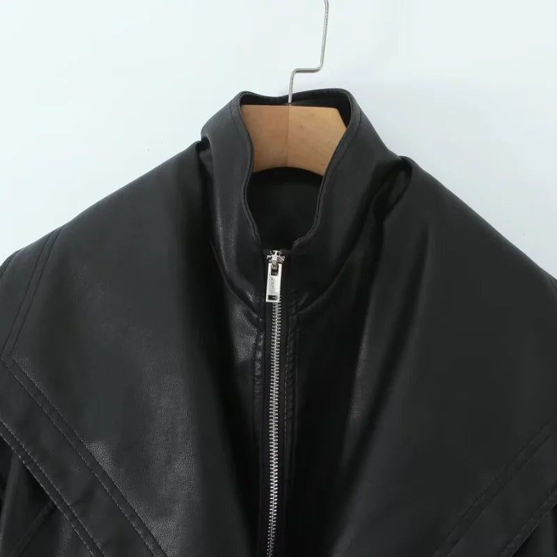 Chaqueta de cuero de PU moderna para mujer con espalda – Chaqueta retro herbst con cinturón, cintura y botones en Casual Chic 