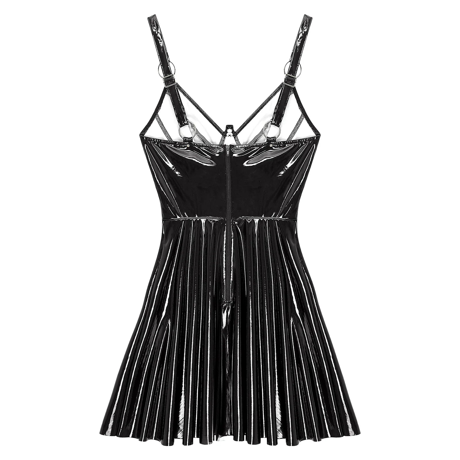 Glänzendes Gothic Punk PVC-Kleid – Slim A-Linien Minikleid mit O-Ring & Nieten für Club, Rave & Party
