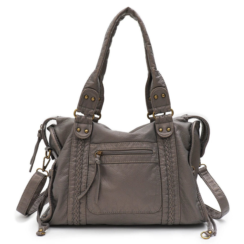 Vintage Tote Bag aus gewaschenem PU-Leder – Große Schulter- & Crossbody Tasche mit Zipperfächern, Flecht- & Quastendetails