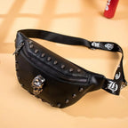 Damen Leder Bauchtasche mit Totenkopf-Design – Schwarze Fanny Pack & Crossbody Belt Bag für Festivals, Reisen & Outdoor