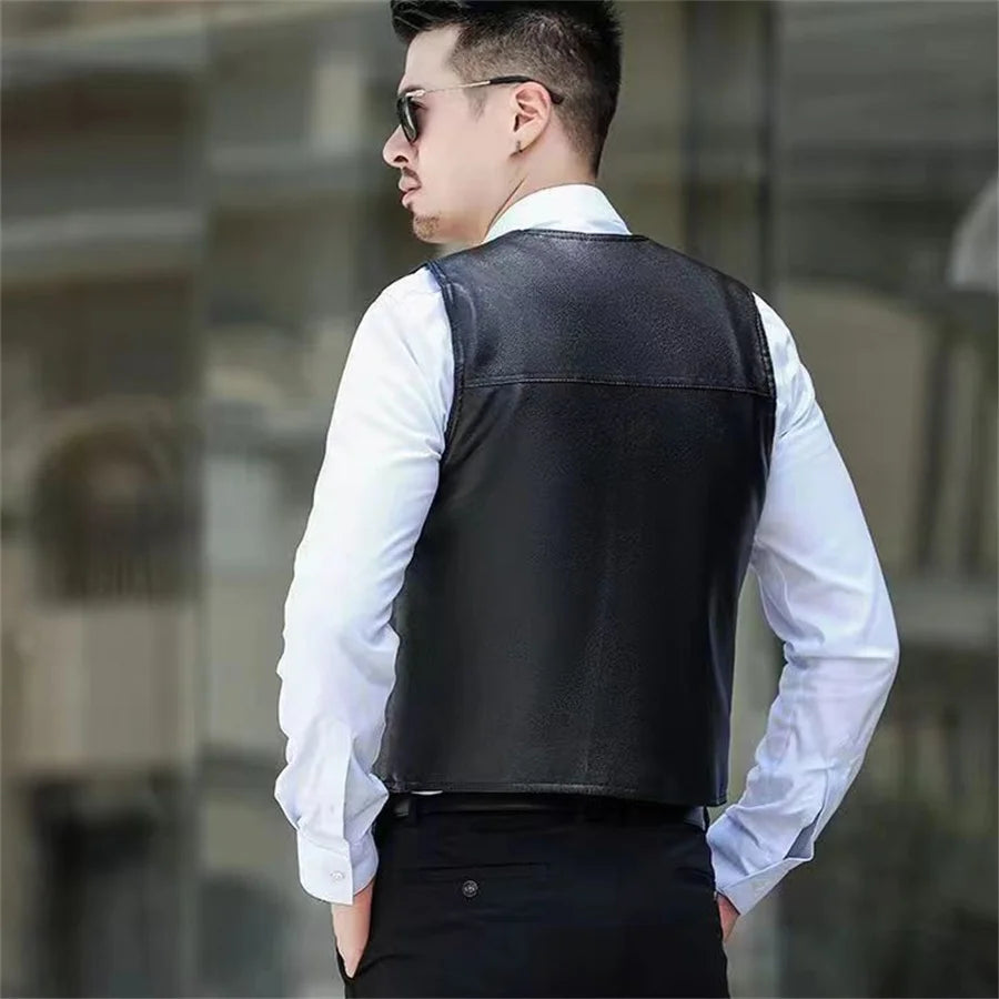 Herren Motorrad Weste aus PU-Leder – Warme Winter Lederweste mit Fleece-Futter, V-Ausschnitt & Knopfleiste, ärmellos