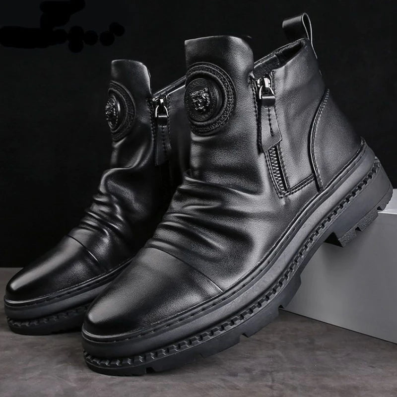 HAOBOYUEQ Herren Motorradstiefel – British Style High-Top PU-Leder Boots mit Rundzehe, Seitenreißverschluss & Plateau