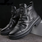 HAOBOYUEQ Herren Motorradstiefel – British Style High-Top PU-Leder Boots mit Rundzehe, Seitenreißverschluss & Plateau