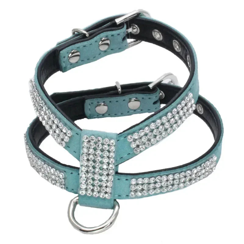 Verstellbares Hunde-Geschirr mit Strass – K-förmiges Bling Harness aus PU-Leder mit Schnellverschluss für kleine Hunde & Katzen