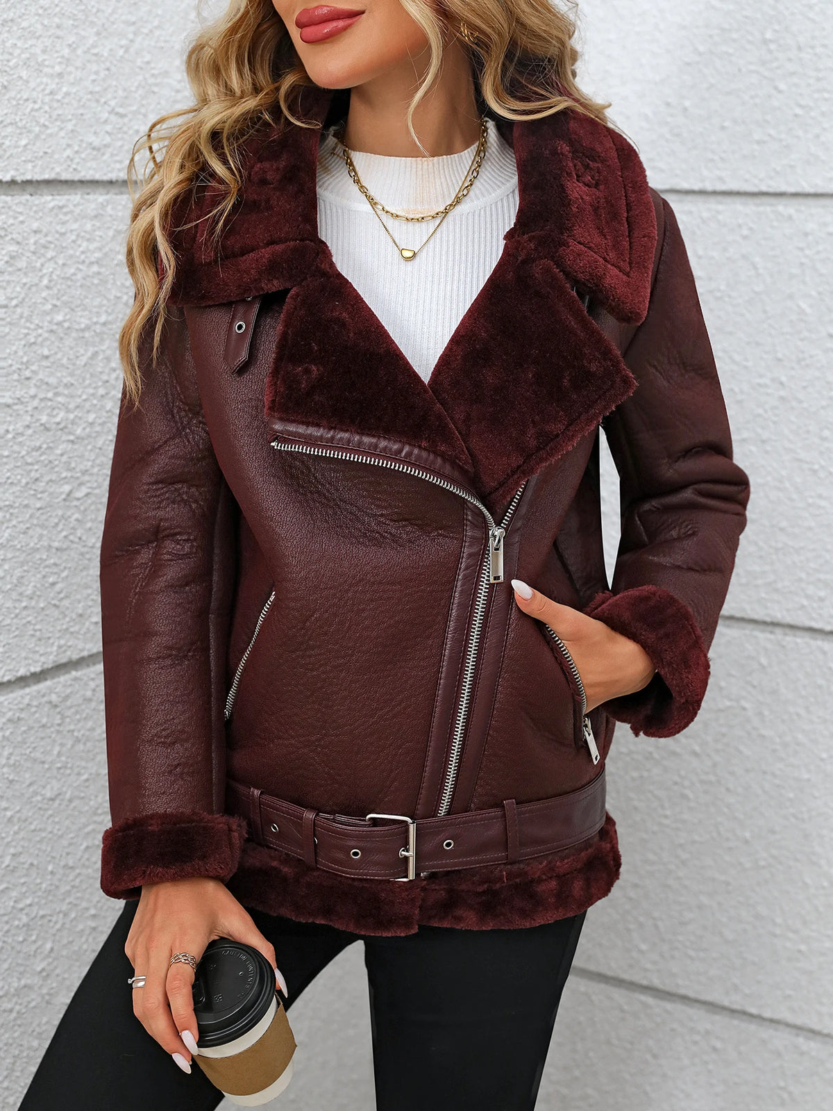 Damen PU Lederjacke mit Kunstfell – Warme Winterjacke für Frauen, Casual Motorrad-Look, Dicke Lederjacke für Herbst & Winter