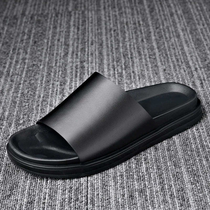 BPOXE Herren Leder Slipper 2025 – Echtleder Flip-Flops mit dicker Sohle, rutschfest, schwarze Sommer Sandalen für Alltag & Business-Casual